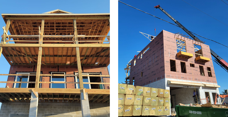 A building under construction with the roof up and the walls in place.